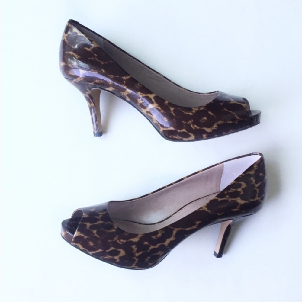 Vince Camuto Patent Leopard Print Kira Peep Toe Pumps